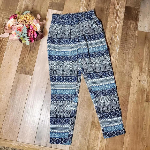 Deal Jeans Blue & White Women's Size Large Graphic Boho Pants - Picture 1 of 12